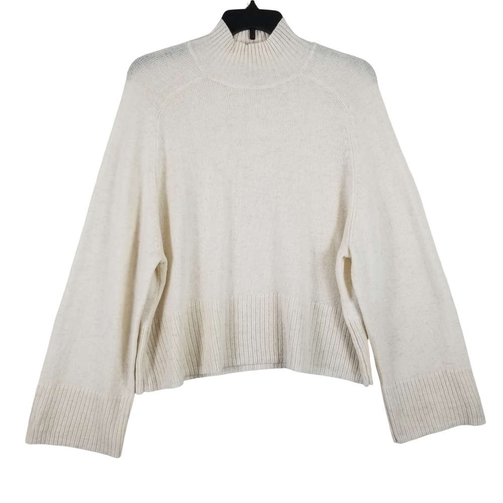 Weekday Womens 100% Wool Mock Neck Sweater Cream White Wide Sleeve Large